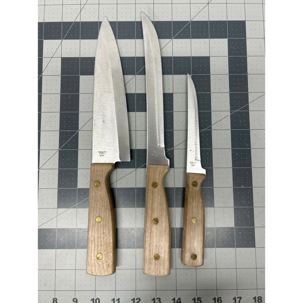 New Frontier Kitchen Knife Set Brown Wood Handle Stainless Steel 3pc Japan